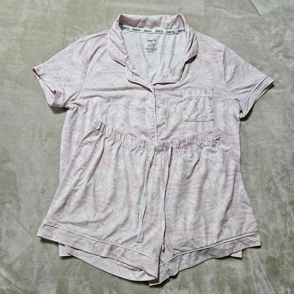 Born Womens Pajama Set XL Pink Marbled Short Sleeve Button Top‎ and Shorts 2 Pc